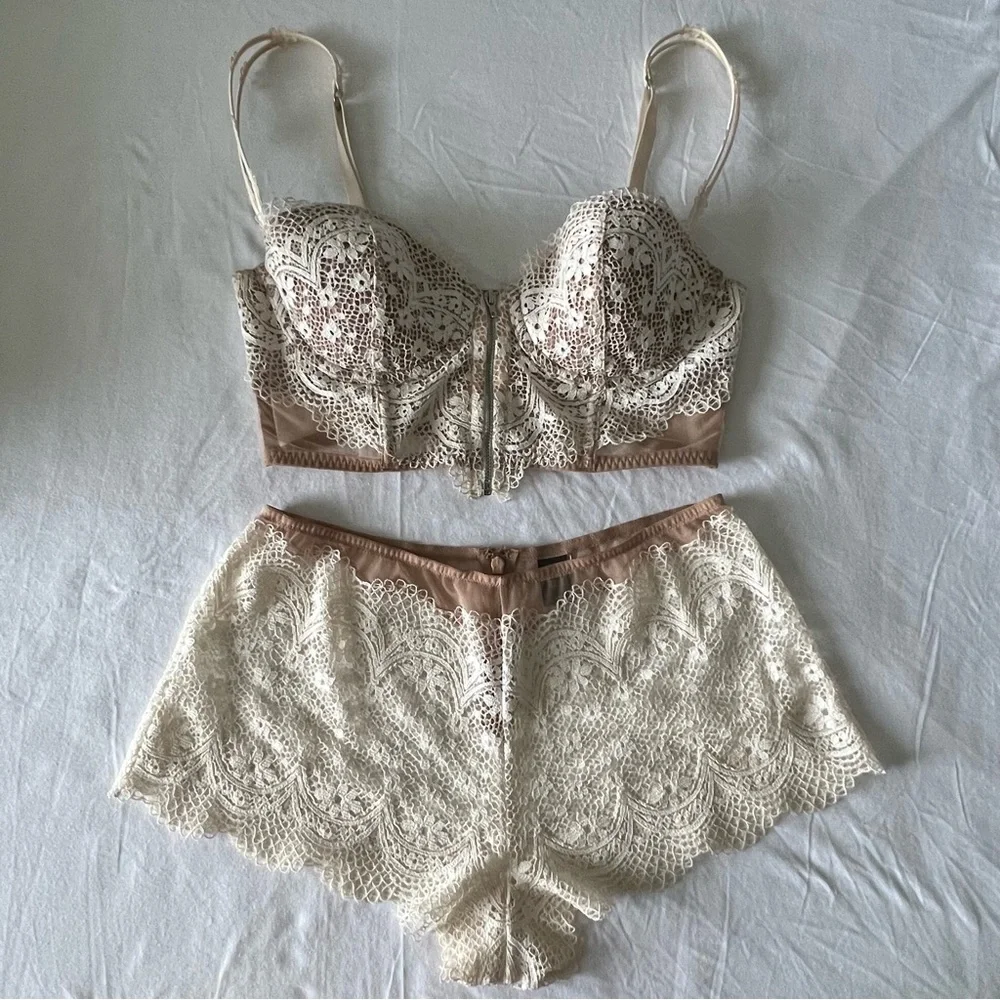 Sheer Nude White Lace Bustier Bra and Short Set - Picture 1 of 8